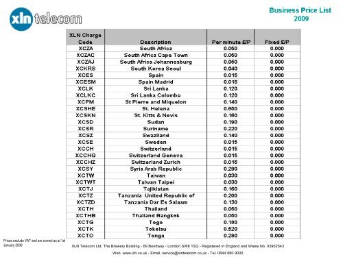 international calling card rates price list - XLN Telecom