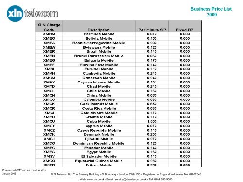 international calling card rates price list - XLN Telecom