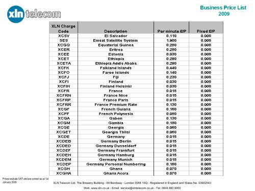 international calling card rates price list - XLN Telecom