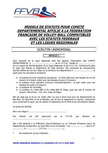 Modèle de Statuts pour Comité Départemental - Extranet FFVB
