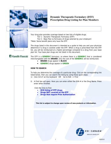 Dynamic Therapeutic Formulary (DTF) Prescription Drug ... - Manulife