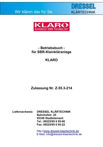 Betriebsbuch fÃ¼r Betonanlage, Ablaufklasse D+H, Zulassung Z-55.3 ...