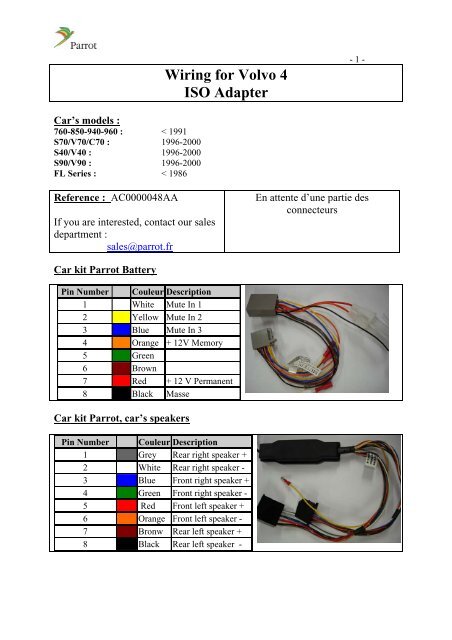 Wiring for Volvo 4 ISO Adapter - Parrot