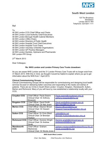 South West London Stakeholder Letter - Merton Connected