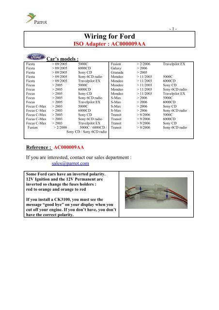 Wiring for ford iso adapter : ac000009aa - Parrot