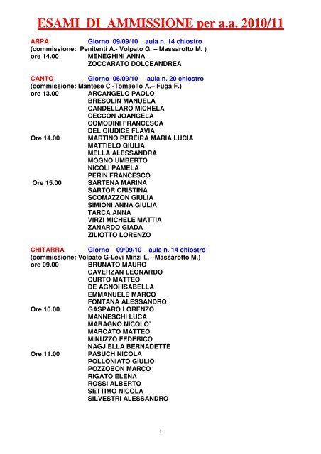 ESAMI DI AMMISSIONE per a.a. 2010/11