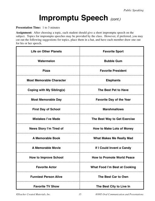 unprepared speech topics for grade 10