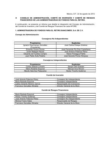 Consejo De AdministraciÃn, ComitÃ De InversiÃn Y ComitÃ - Consar