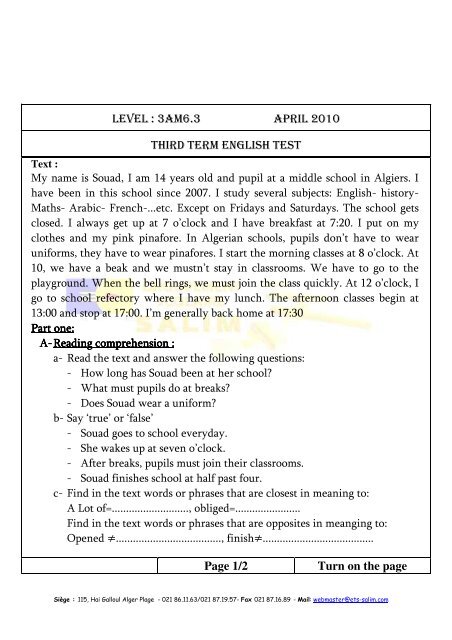 LEVEL : 3AM6.3 APRIL 2010 THIRD TERM ENGLISH TEST Page 1 ...