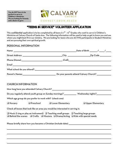 âTEENS IN SERVICEâ VOLUNTEER APPLICATION - Calvary Church