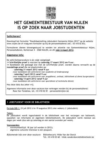 Vacature Jobstudenten 2012 - algemeen - Jeugd Nijlen