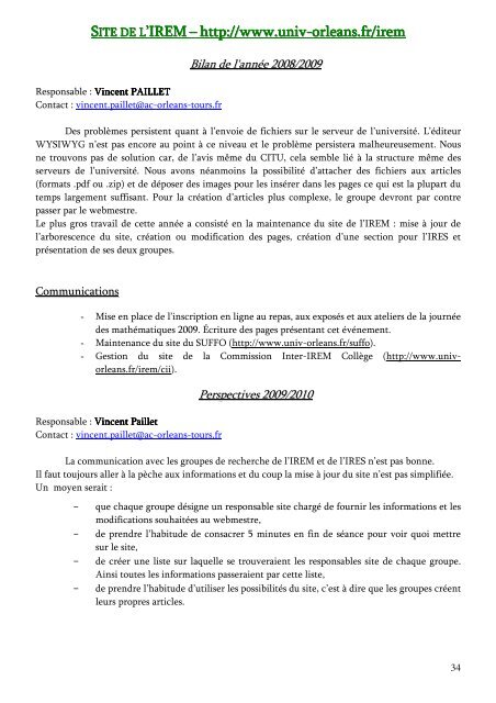 Rapport d'activitÃ© 2008 - 2009 - Le portail des IREM
