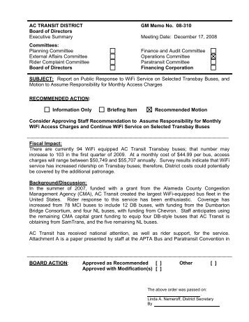 AC TRANSIT DISTRICT GM Memo No. 08-310 Board of Directors ...