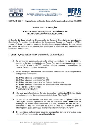 confira a lista - UFPR Litoral - Universidade Federal do ParanÃ¡