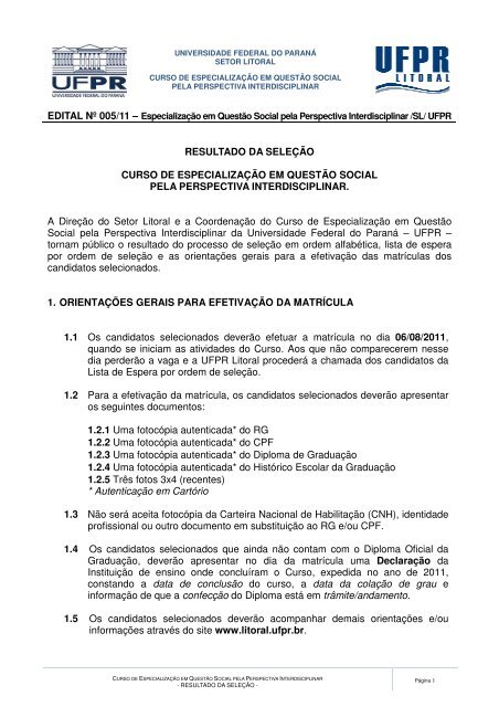 confira a lista - UFPR Litoral - Universidade Federal do ParanÃ¡