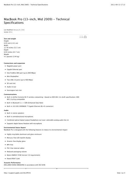 Macbook Pro 13 Inch Mid 09 Technical Specifications Macbook Pro 13 Inch Mid 09 Technical Specifications
