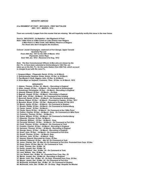 INFANTRY ABROAD 41st REGIMENT OF FOOT - WO12/5416 ...