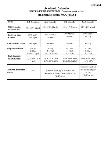 Revised Academic Calendar (B.Tech/M.Tech/ MCA /BCA )