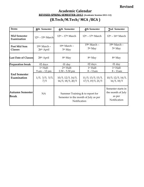 Revised Academic Calendar (B.Tech/M.Tech/ MCA /BCA )