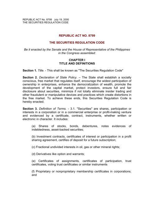 Securities Regulation Code Ra 8799 Planters Development Bank