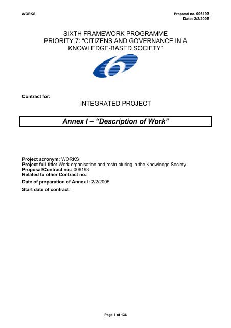 Annex I â âDescription of Workâ - WORKS project