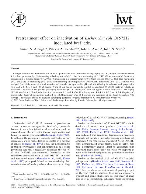Pretreatment effect on inactivation of Escherichia coli O157:H7 ...