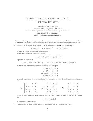 Â´Algebra Lineal VII: Independencia Lineal. Problemas Resueltos.