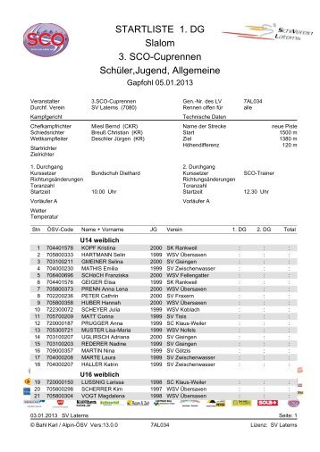 STARTLISTE 1. DG Slalom 3. SCO-Cuprennen Schüler,Jugend ...