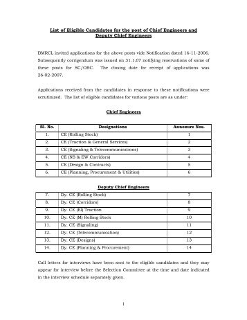 1 List of Eligible Candidates for the post of Chief ... - Bangalore Metro