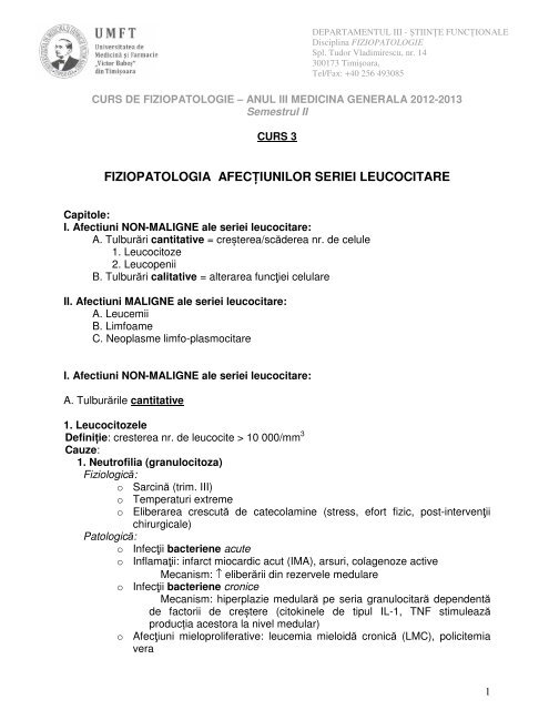 Fiziopatologia Afece Iunilor Seriei Leucocitare Fiziopatologie