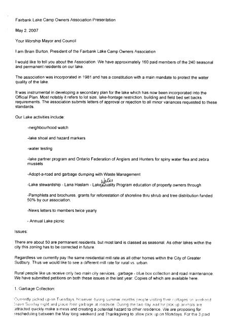 Fairbank Lake Camp Owners Association - City of Greater Sudbury