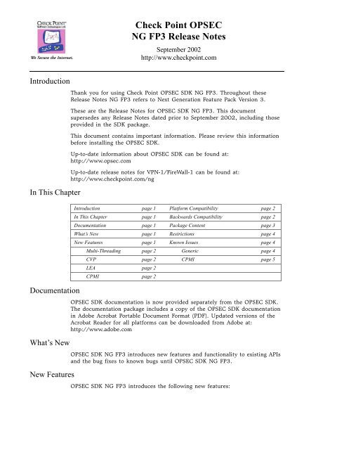 Check Point Opsec Ng Fp3 Release Notes Check Point Opsec Ng Fp3 Release Notes
