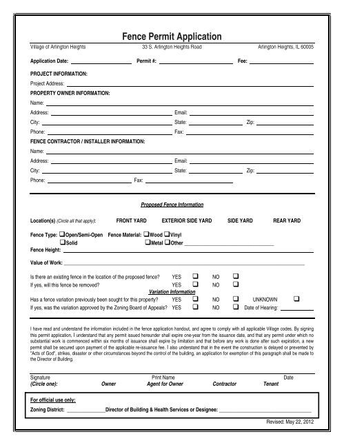 Fence Permit Application Checklist - Village of Arlington Heights