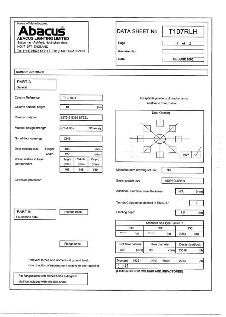 Column data sheet - T107RLH - Abacus Lighting
