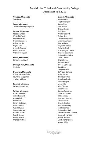 Fall Semester 2012 Dean's List - Fond Du Lac Tribal and ...