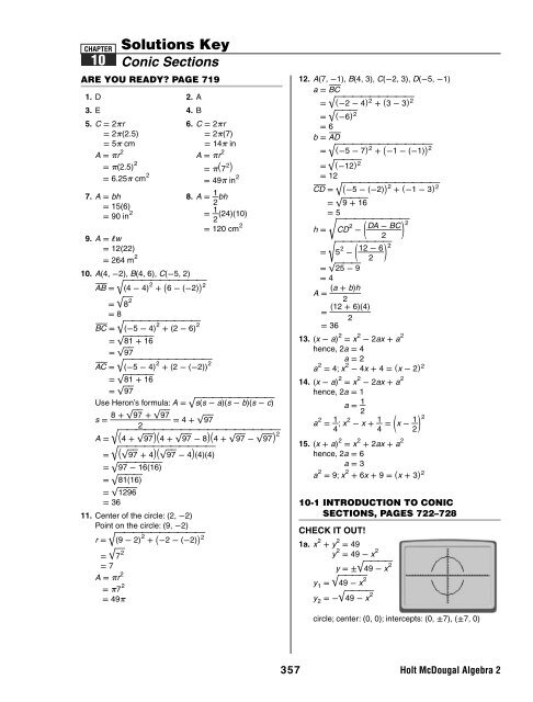 Algebra 2 Ch 10 Solutions Key Ch 10 Solutions Key Peninsula