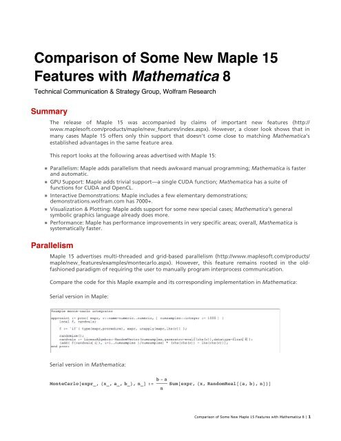 Comparison of Some New Maple 15 Features with Mathematica 8