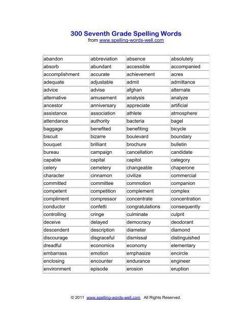 300 Seventh Grade Spelling Words - Spelling Words Well
