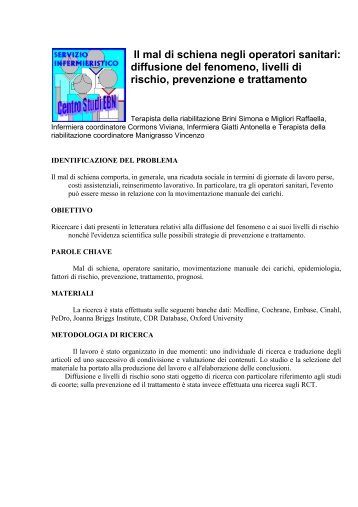 Il mal di schiena negli operatori sanitari - Evidence Based Nursing