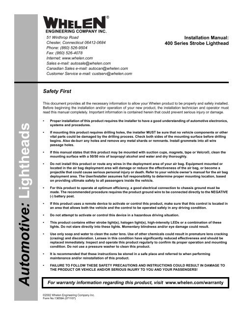 13659: 400 Series Strobe Lighthead - Whelen Engineering | Whelen Linear Strobe Wiring Diagram | | Yumpu