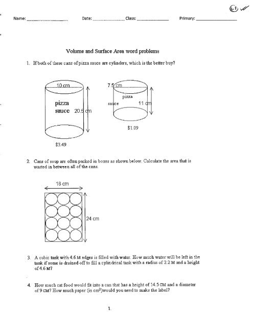 Volume and Surface Area word problems