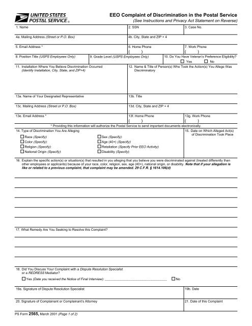 PS Form 2565 EEO Complaint Of Discrimination In The Branch 38 ps-form-2565-eeo-complaint-of-discrimination-in-the-branch-38