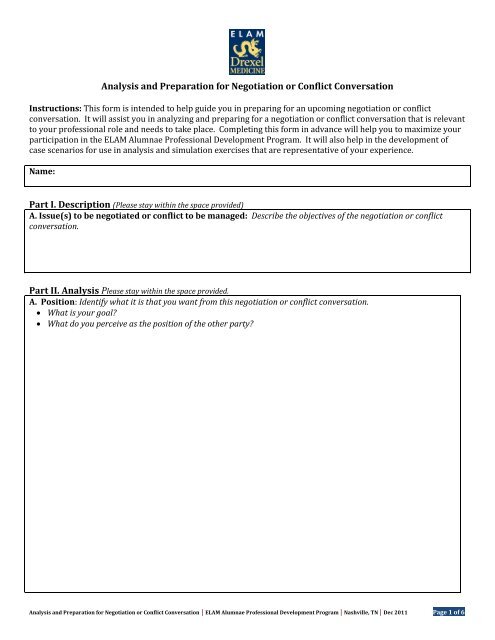 Manager Conversation Form Analysis and Preparation for Negotiation or Conflict Conversation form