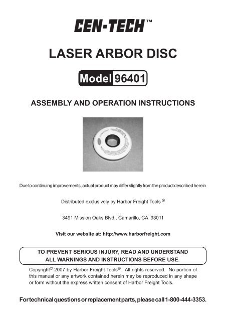 Laser Arbor Disc Model 96401 Harbor Freight Tools