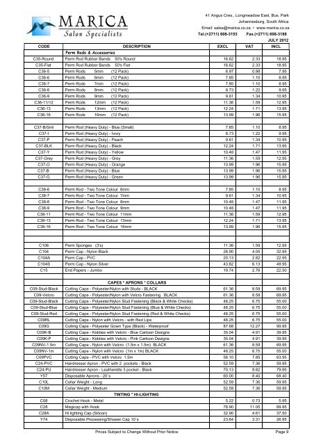 Hair Price List - Marica Hair and Beauty Salon Specialists