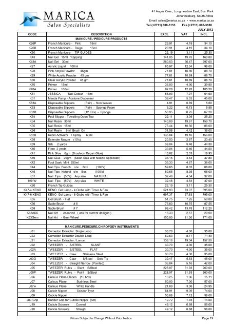 Hair Price List - Marica Hair and Beauty Salon Specialists