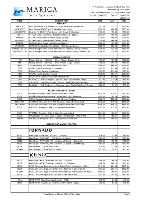 Hair Price List - Marica Hair and Beauty Salon Specialists