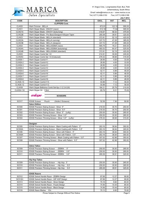 Hair Price List - Marica Hair and Beauty Salon Specialists