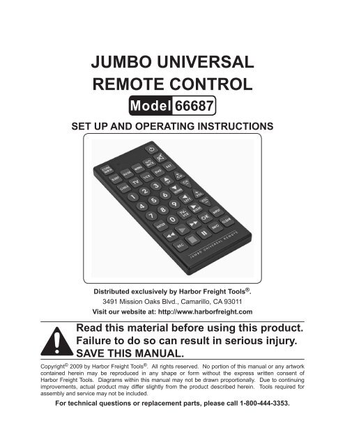 Jumbo universal remote control 66687 set up ... - Harbor Freight Tools