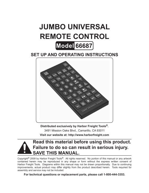 Jumbo universal remote control 66687 set up Harbor Freight Tools